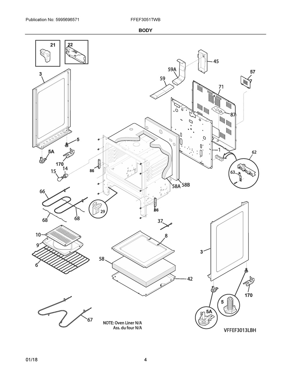 Body Diagram and Parts List for FFEF3051TWB  Frigidaire Range