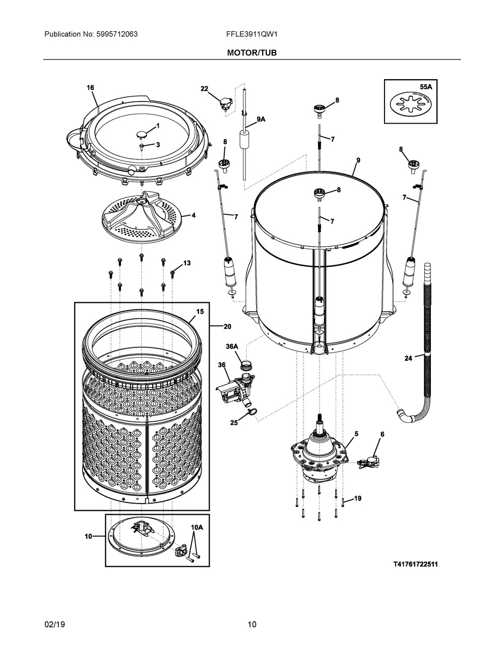 Motor/tub Diagram and Parts List for FFLE3911QW1  Frigidaire Washer Dryer Combo