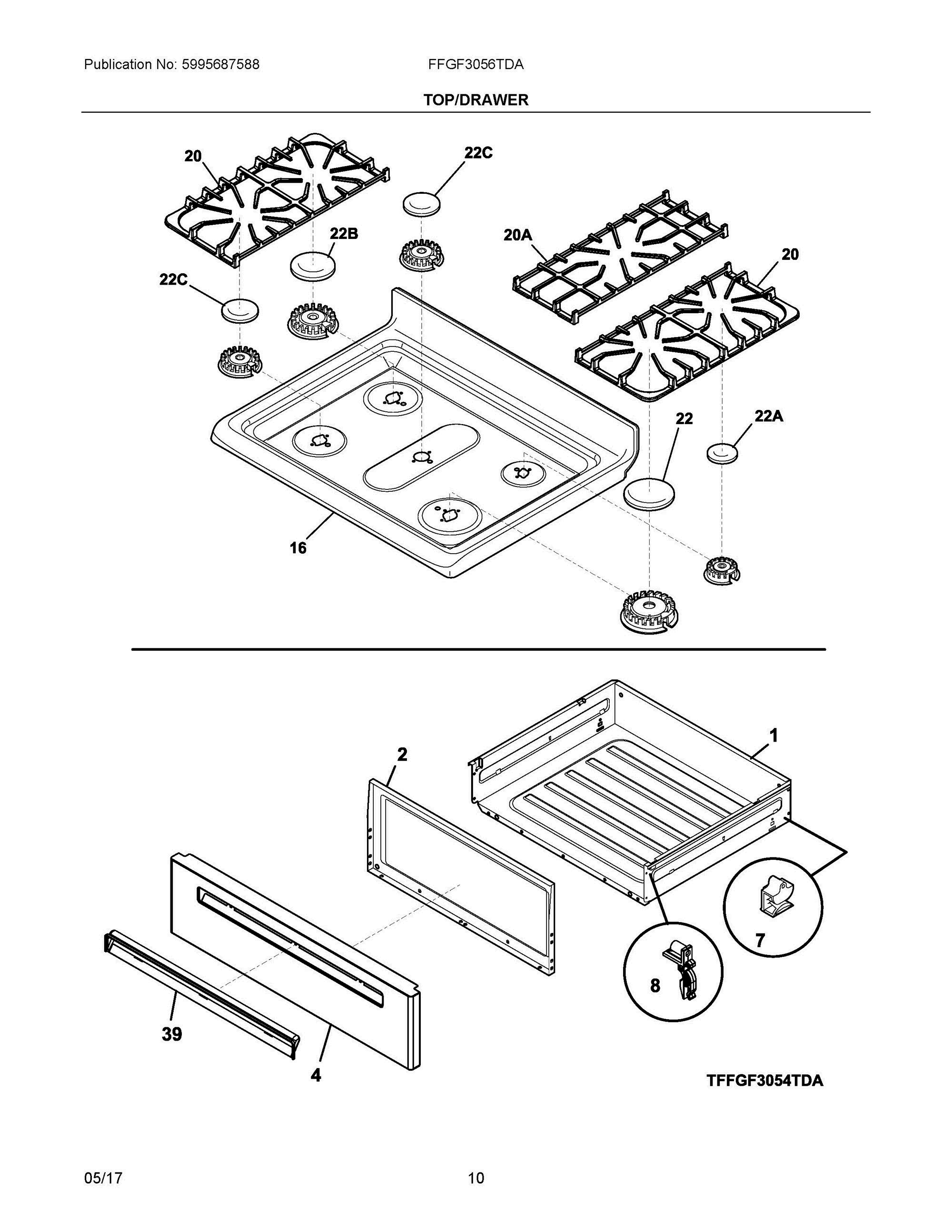 05 - TOP/DRAWER Diagram and Parts List for FFGF3056TDA  Frigidaire Range