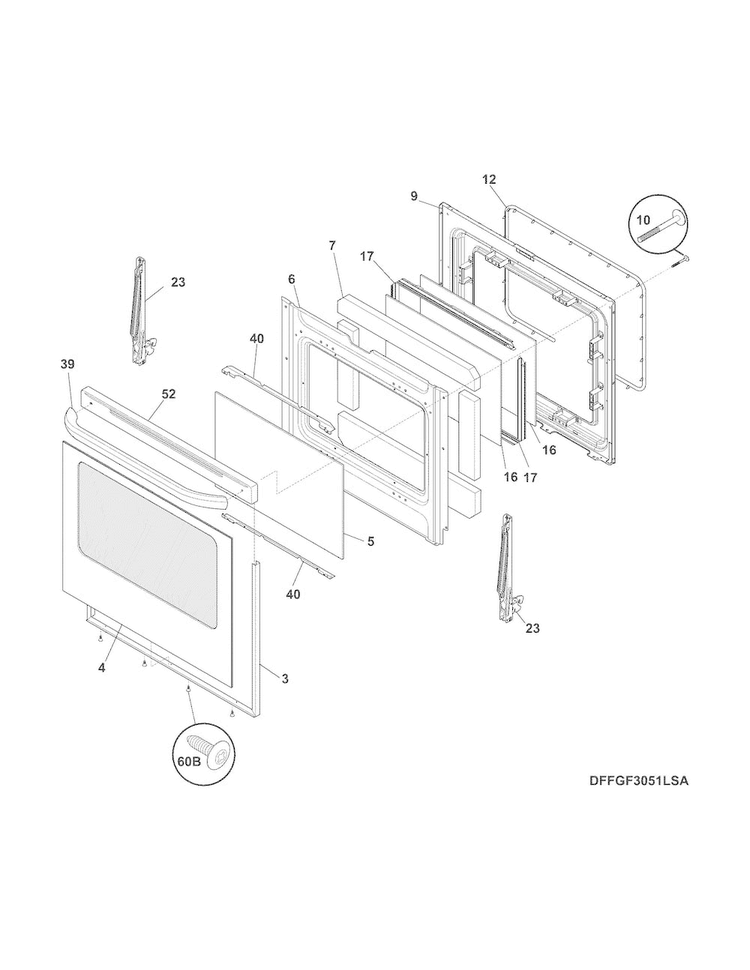 Door Diagram and Parts List for FFGF3053LSJ  Frigidaire Range