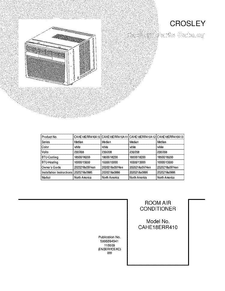 COVER Diagram and Parts List for CAHE18ERR410A12  Crosley Air Conditioner