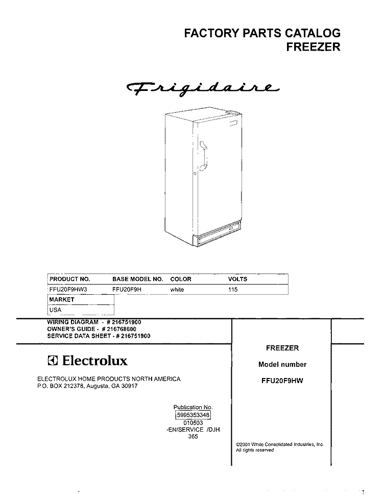COVER Diagram and Parts List for FFU20F9HW3  Frigidaire Freezer
