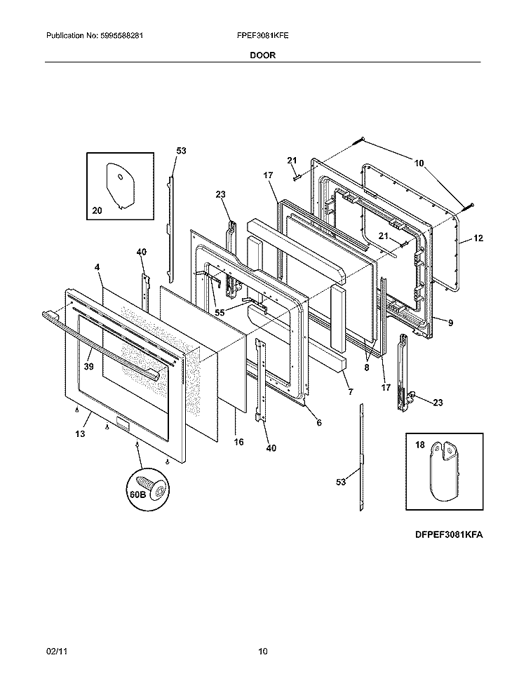 DOOR Diagram and Parts List for FPEF3081KFE  Frigidaire Range