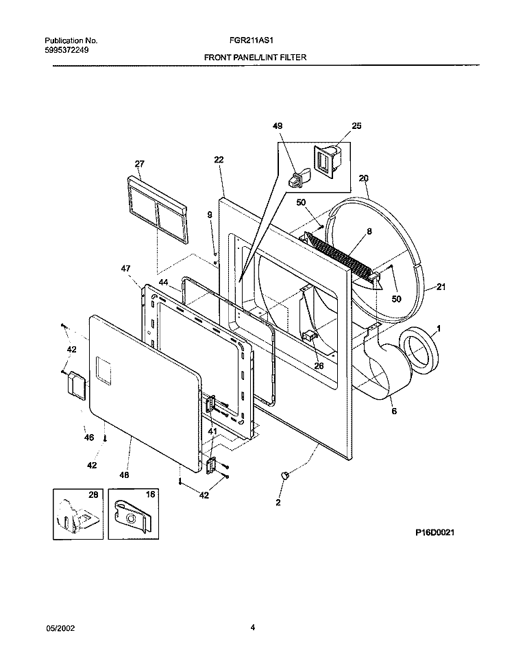 FRNT PNL, DOOR Diagram and Parts List for FGR211AS1  Frigidaire Dryer