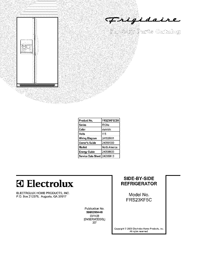 COVER Diagram and Parts List for FRS23KF5CS0  Frigidaire Refrigerator