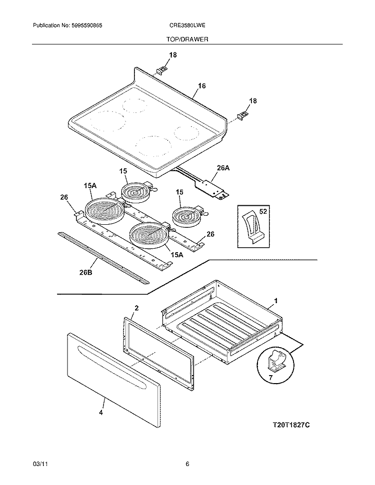 TOP/DRAWER Diagram and Parts List for CRE3580LWE  Crosley Range