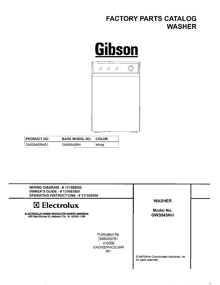 COVER Diagram and Parts List for GWS645RHS1  Gibson Washer