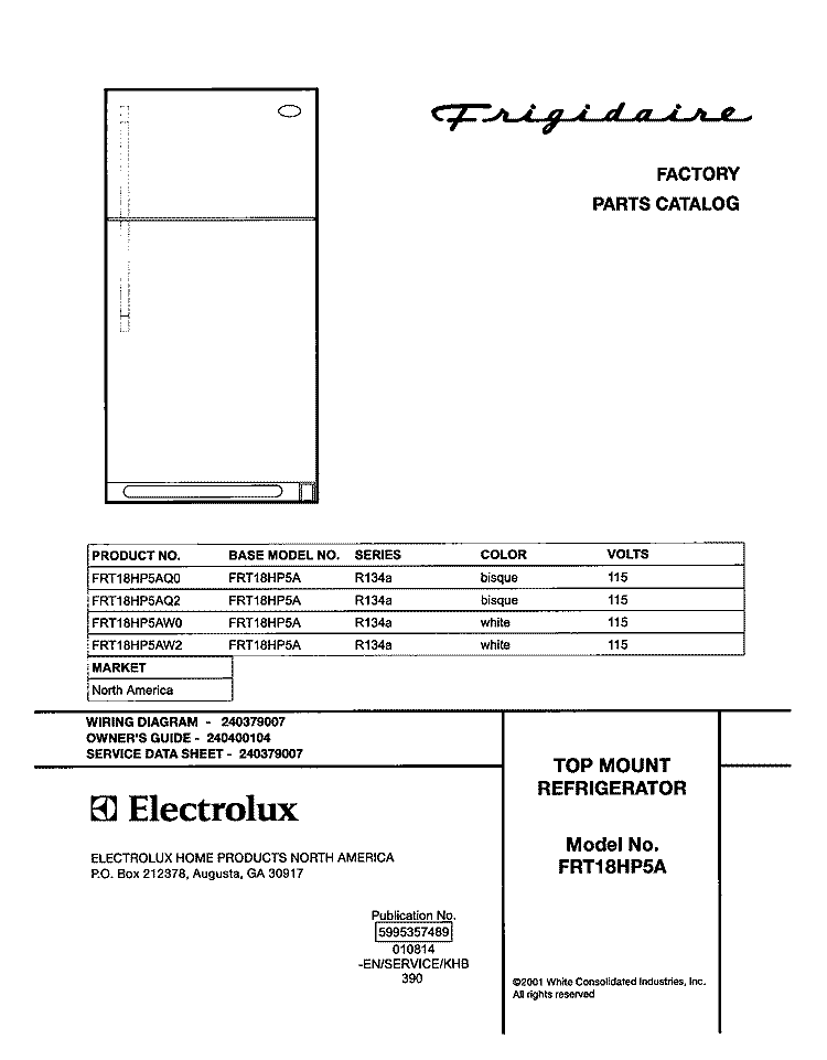 COVER Diagram and Parts List for FRT18HP5AW2  Frigidaire Refrigerator