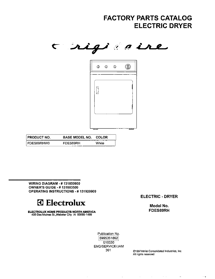 COVER Diagram and Parts List for FDES69RHW0  Frigidaire Dryer