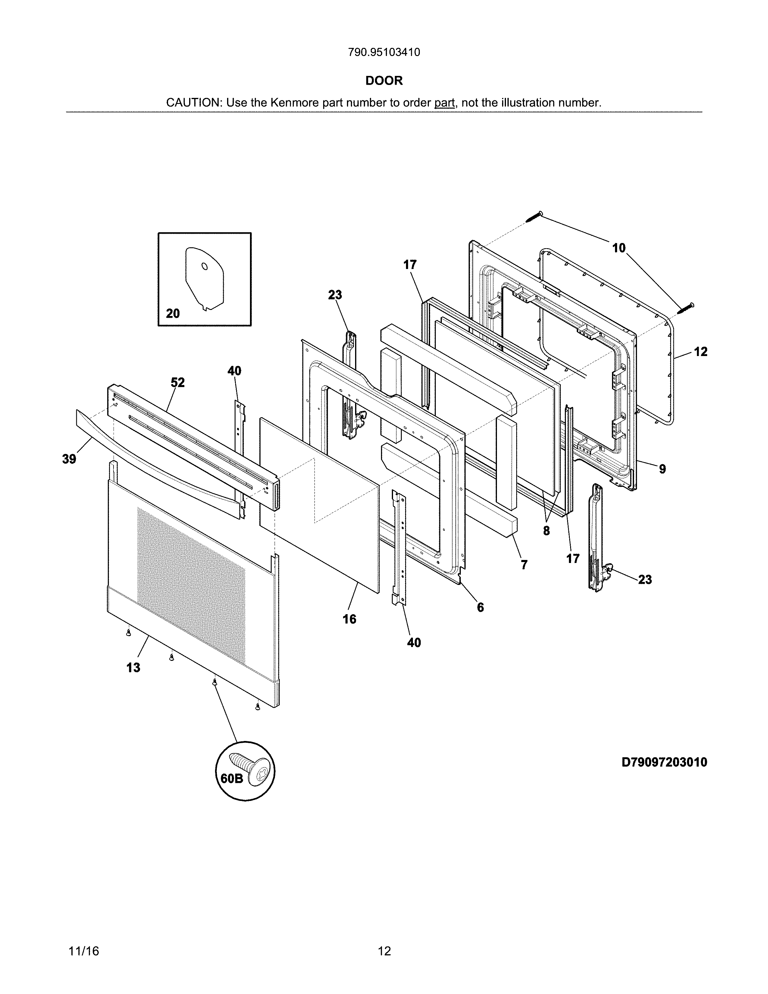 Door Diagram and Parts List for 79095103410  Kenmore Range