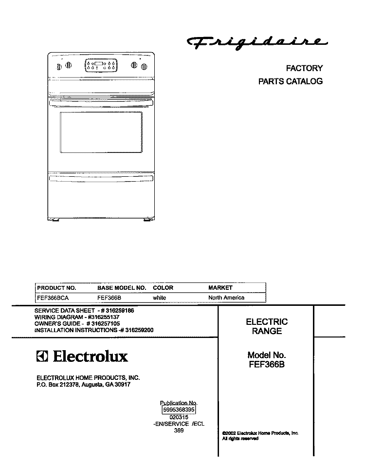 COVER Diagram and Parts List for FEF366BCA  Frigidaire Range