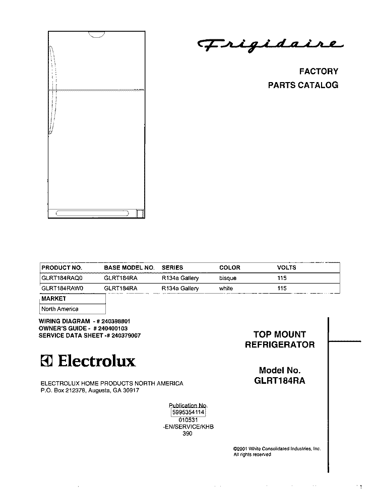 COVER Diagram and Parts List for GLRT184RAW0  Frigidaire Refrigerator