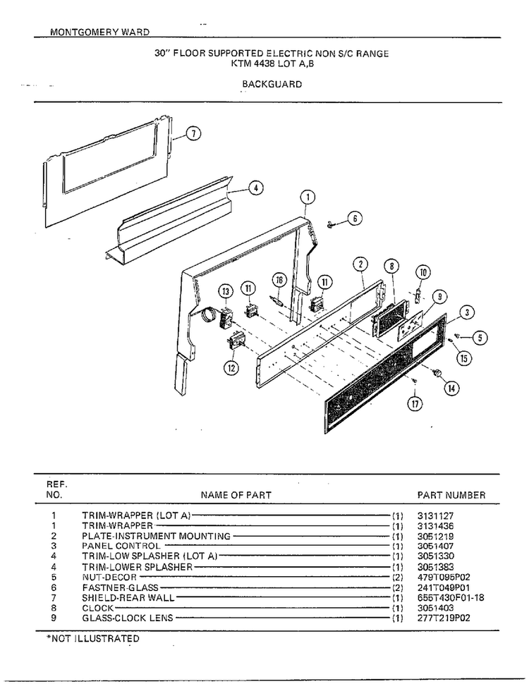 30" Floor/backguard Diagram and Parts List for 4438A  Frigidaire Range