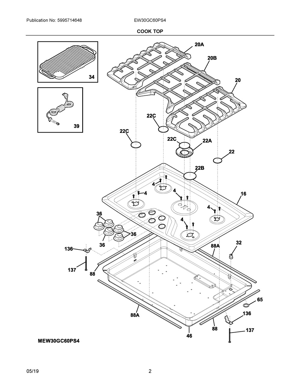 Cook Top Diagram and Parts List for EW30GC60PS4  Frigidaire Cooktop