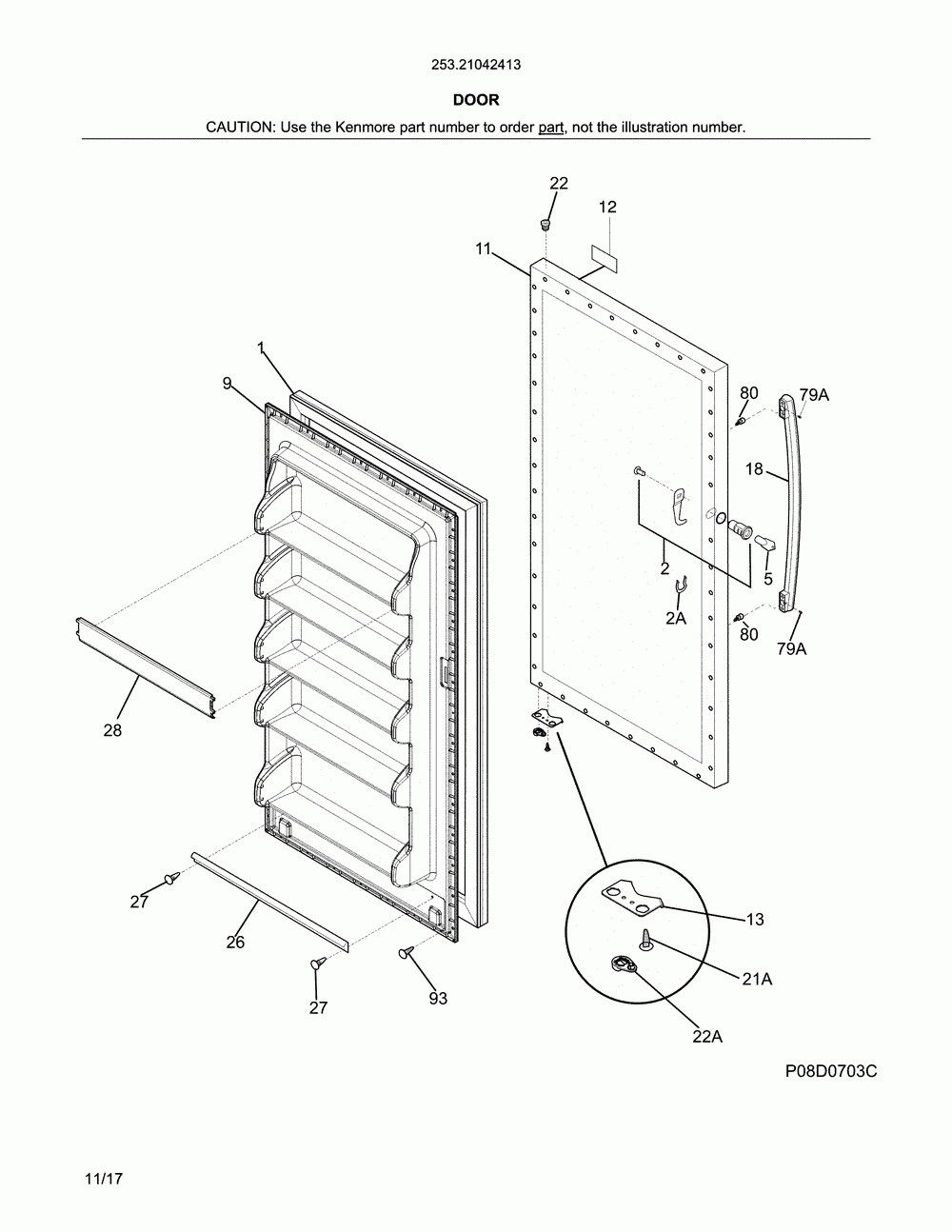 Door Diagram and Parts List for 25321042413  Kenmore Freezer