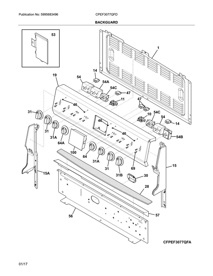 Backguard Diagram and Parts List for CPEF3077QFD  Frigidaire Range
