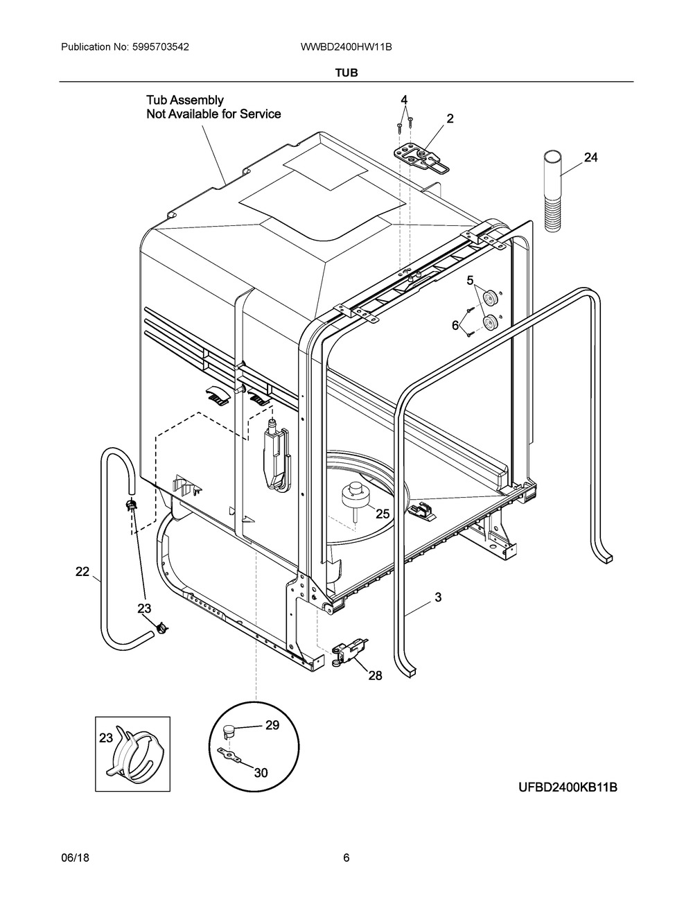 Tub Diagram and Parts List for WWBD2400HW11B  Frigidaire Dishwasher