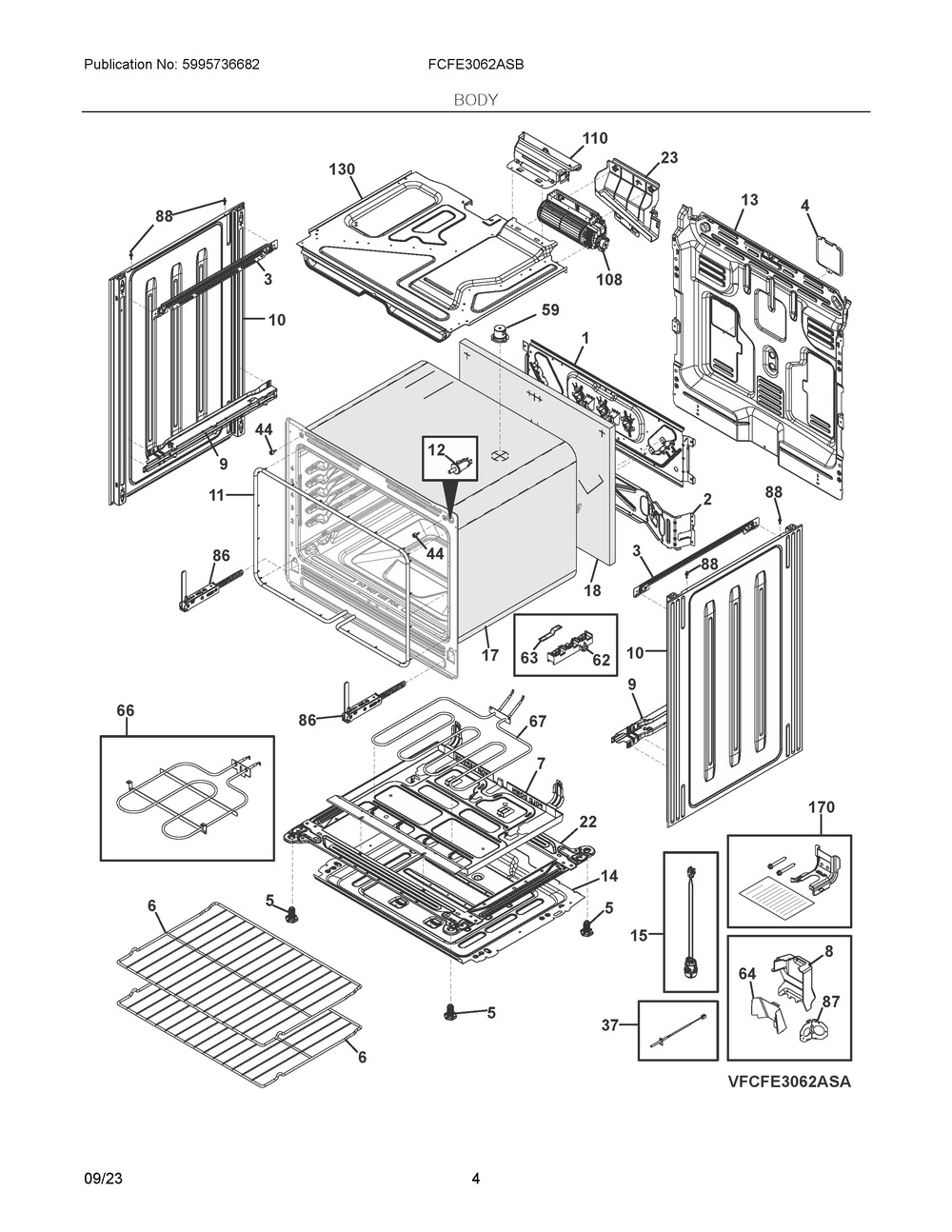 Body Diagram and Parts List for FCFE3062ASB  Frigidaire Range