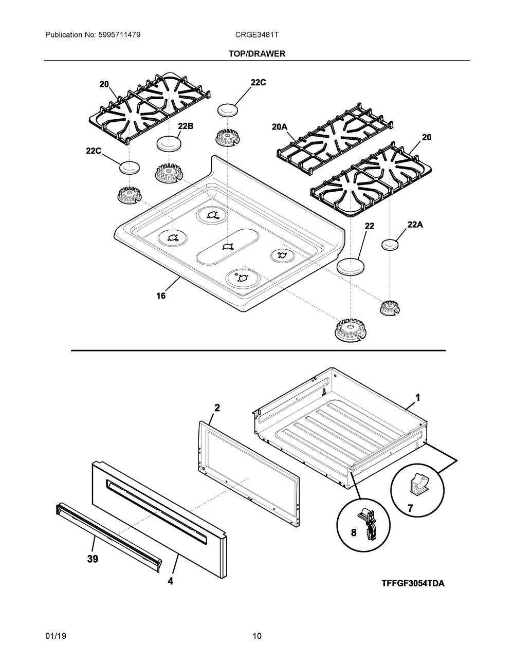 Top/drawer Diagram and Parts List for CRGE3481TSA  Frigidaire Range