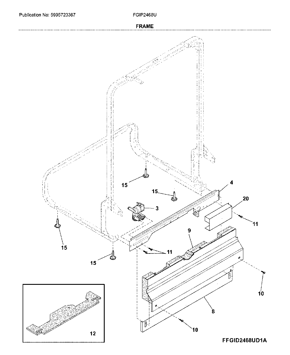 Frame Diagram and Parts List for FGIP2468UD1A  Frigidaire Dishwasher