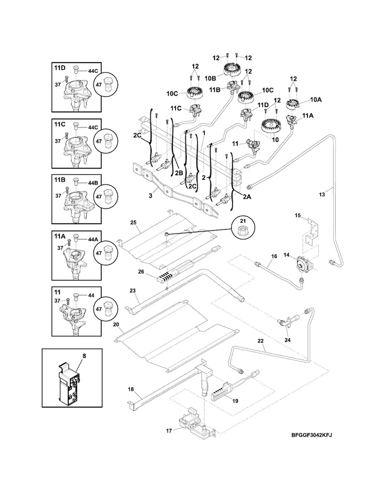 Burner Diagram and Parts List for LGGF3042KFP  Frigidaire Range