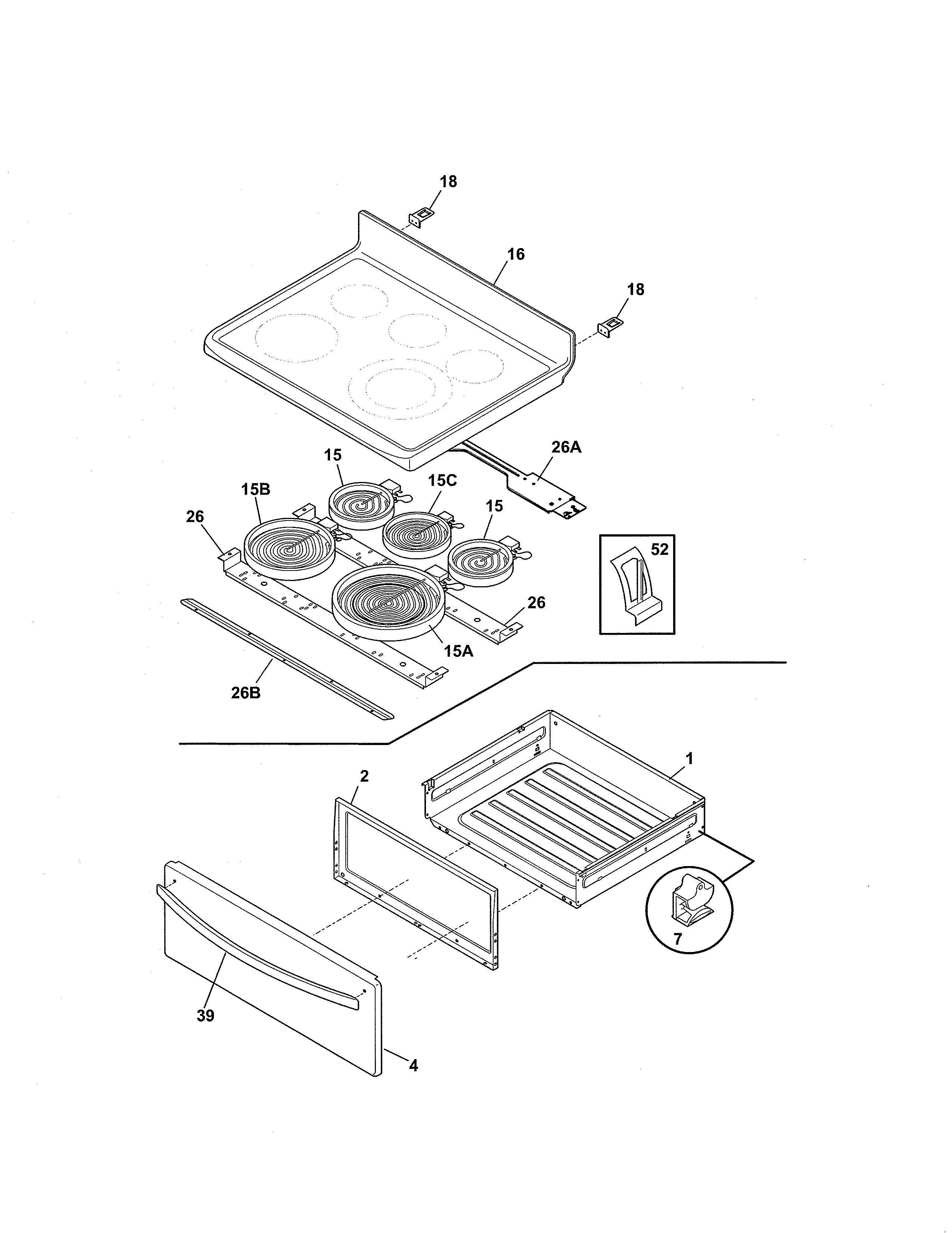 Top/drawer Diagram and Parts List for 79094193310  Kenmore Range