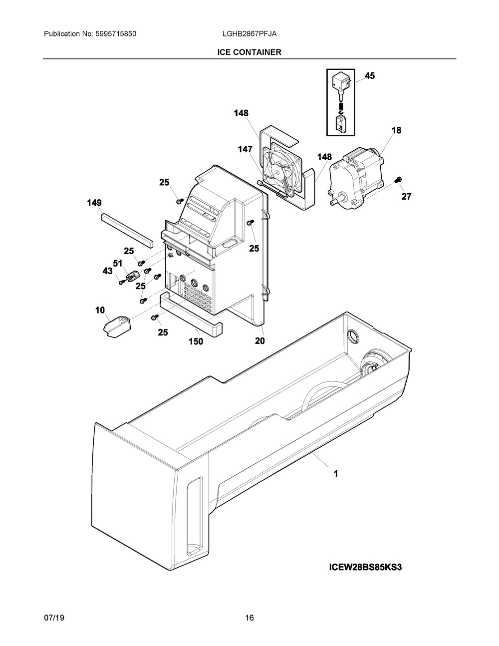 Ice Container Diagram and Parts List for LGHB2867PFJA  Frigidaire Refrigerator