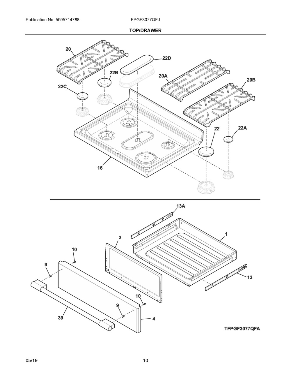 Top/drawer Diagram and Parts List for FPGF3077QFJ  Frigidaire Range