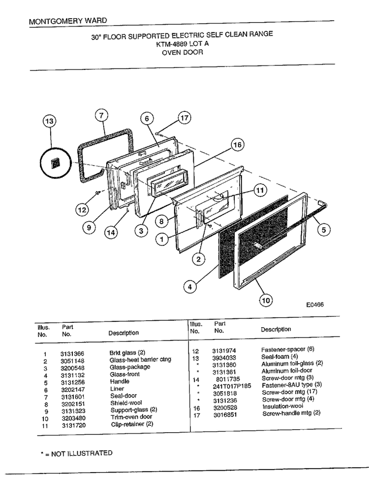 Oven Door Diagram and Parts List for 4889A  Frigidaire Range