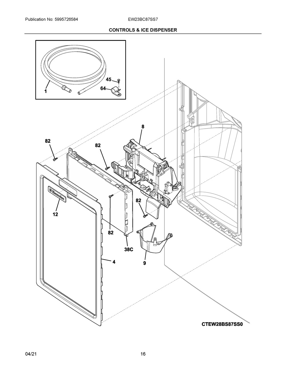 Controls And Ice Dispenser Diagram and Parts List for EW23BC87SS7  Frigidaire Refrigerator