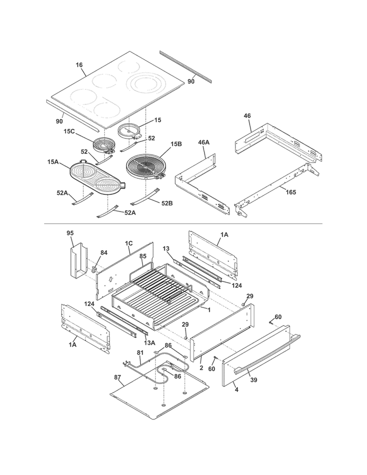 Top/drawer Diagram and Parts List for CPES3085PFB  Frigidaire Range