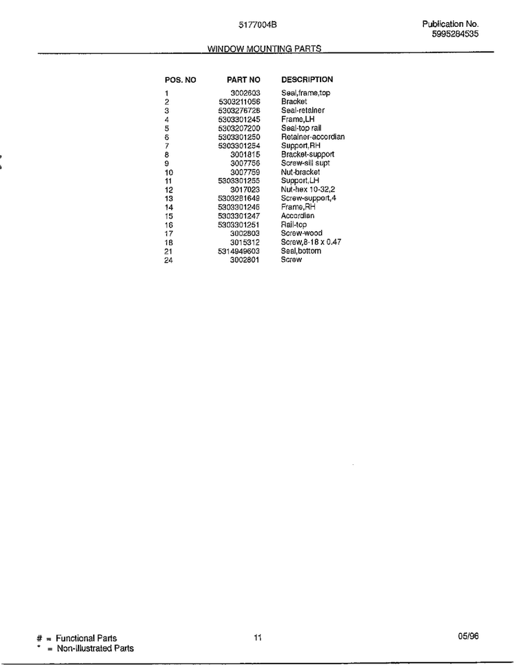 Window Mounting Parts Page 2 Diagram and Parts List for 5177004B  Frigidaire Air Conditioner