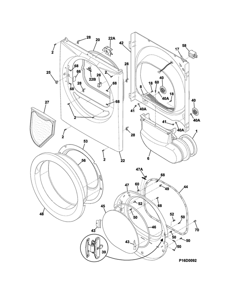 Front Panel/lint Filter Diagram and Parts List for CFSE5115PW1  Frigidaire Dryer