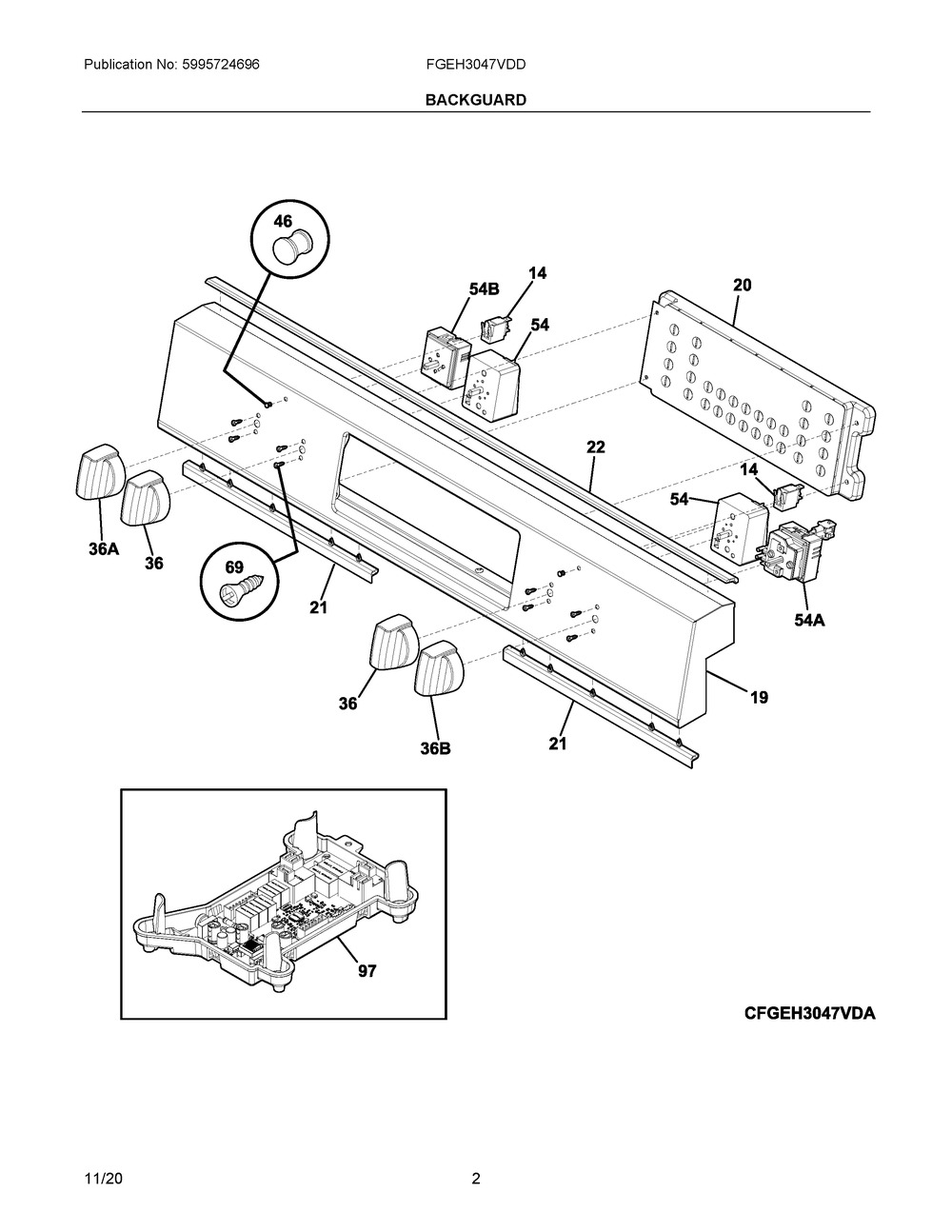 Backguard Diagram and Parts List for FGEH3047VDD  Frigidaire Range