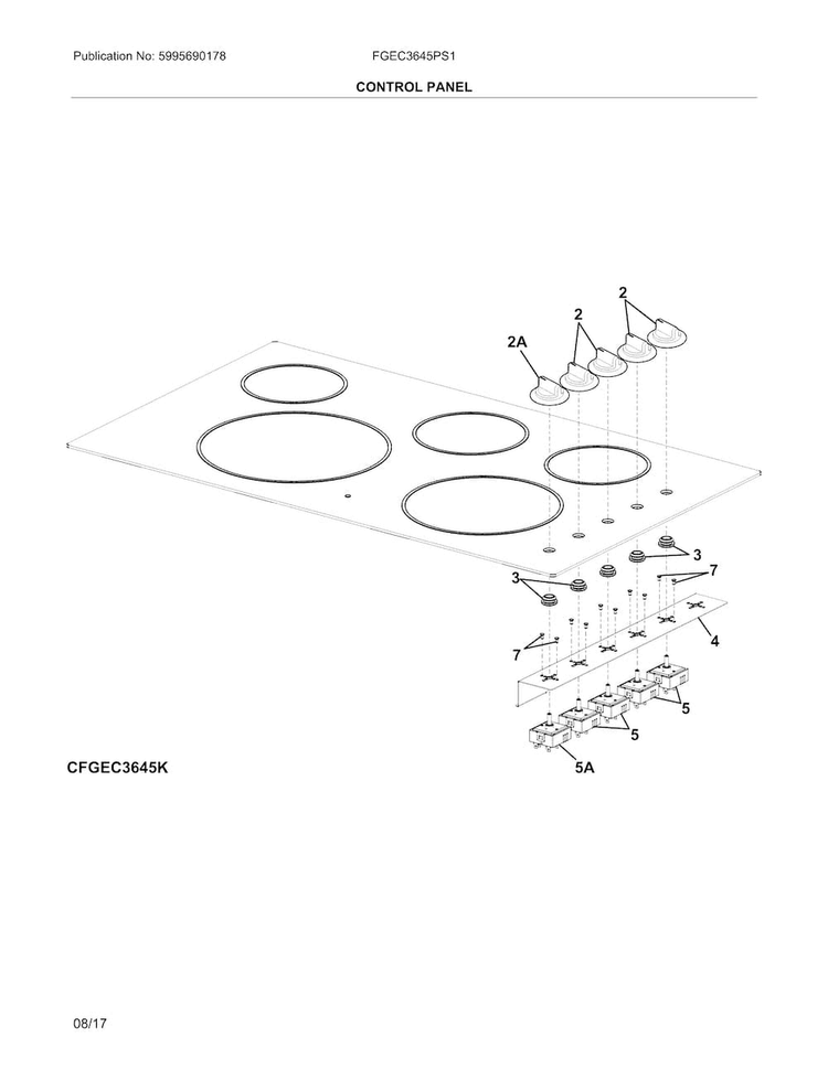Control Panel Diagram and Parts List for FGEC3645PS1  Frigidaire Cooktop