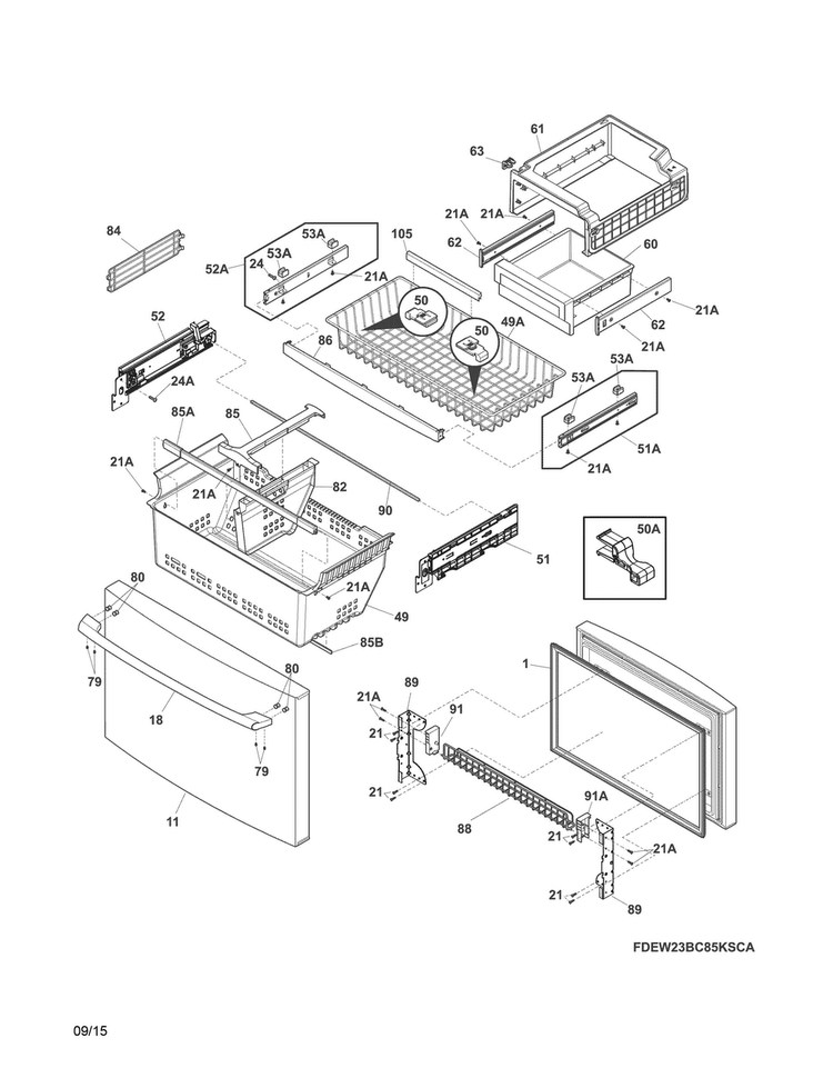 Freezer Drawer, Baskets Diagram and Parts List for EI23BC80KS7A  Electrolux Refrigerator