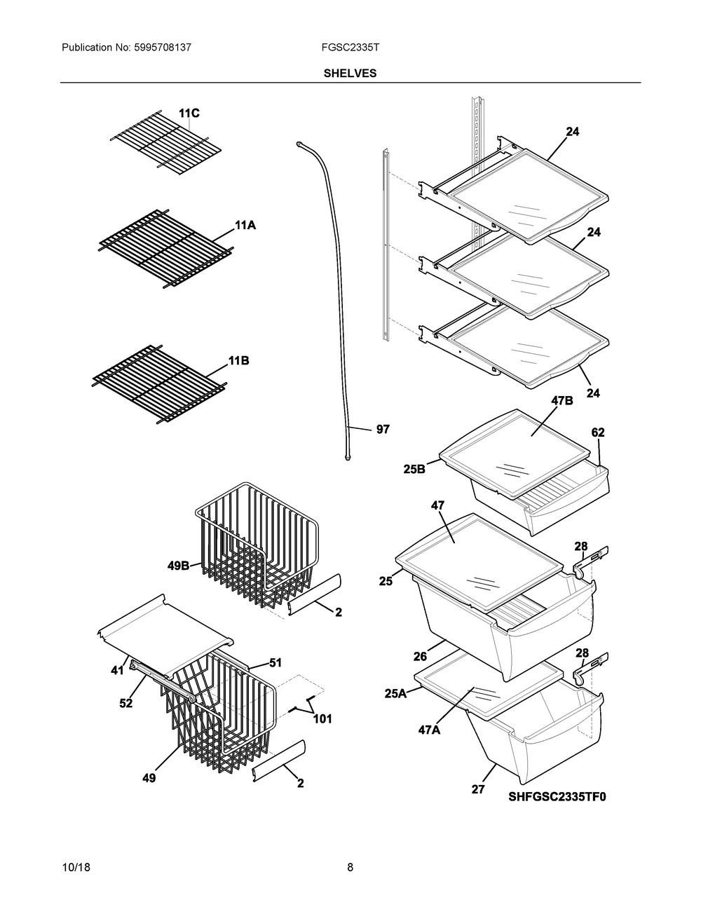 Shelves Diagram and Parts List for FGSC2335TD5  Frigidaire Refrigerator