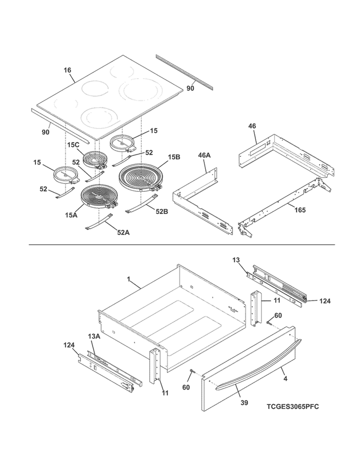 Top/drawer Diagram and Parts List for CGES3065PFD  Frigidaire Range