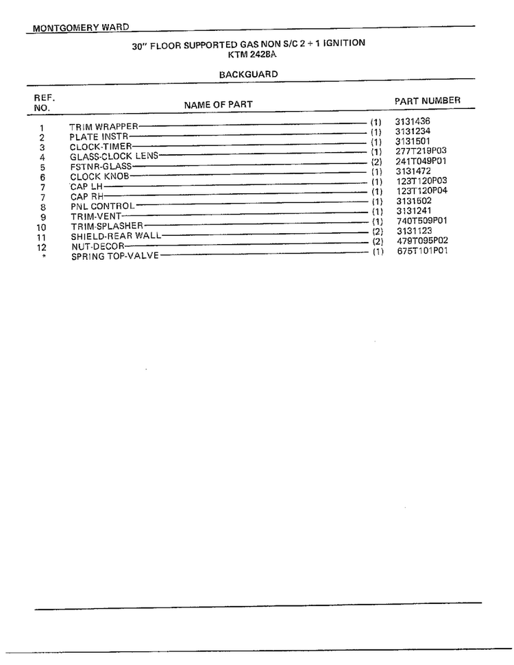 30" Floor/backguard Page 2 Diagram and Parts List for 2428A  Frigidaire Range