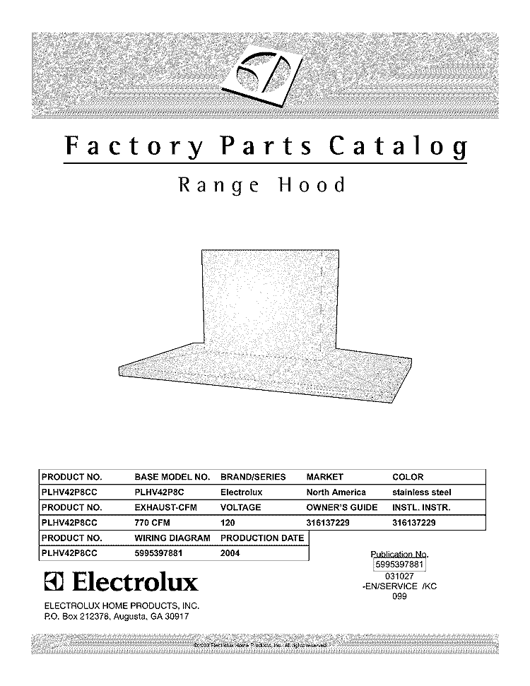 COVER Diagram and Parts List for PLHV42P8CC  Electrolux Range Hood