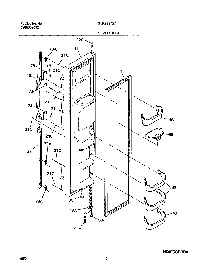 FREEZER DOOR Diagram and Parts List for GLRS234ZAW2  Frigidaire Refrigerator