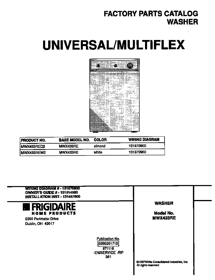 COVER Diagram and Parts List for MWX433RED2  Frigidaire Washer