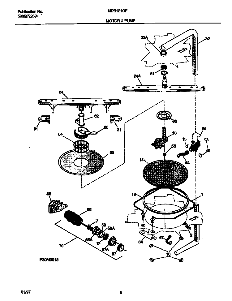 MOTOR & PUMP Diagram and Parts List for MDB121GFR2  Frigidaire Dishwasher
