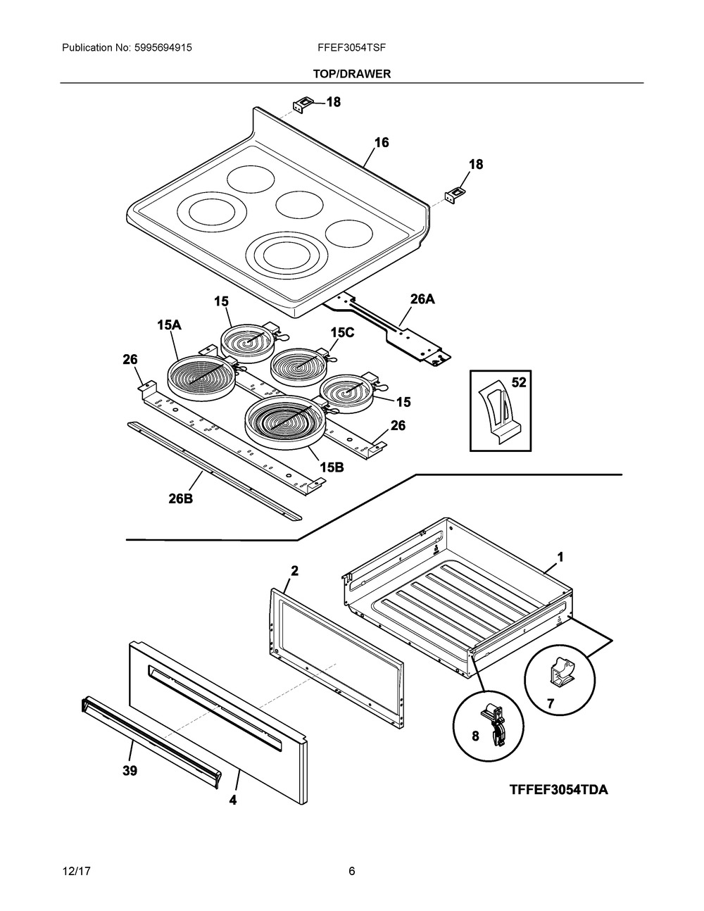 Top/drawer Diagram and Parts List for FFEF3054TSF  Frigidaire Range