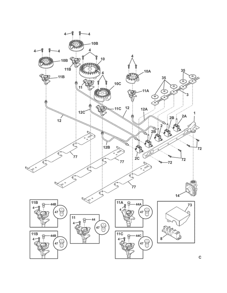 Burner Diagram and Parts List for FGGC3645KWC  Frigidaire Cooktop