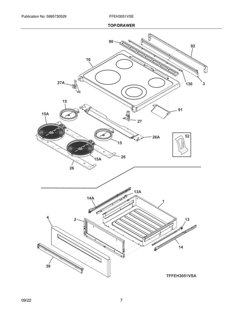 Top/Drawer Diagram and Parts List for FFEH3051VSE  Frigidaire Range
