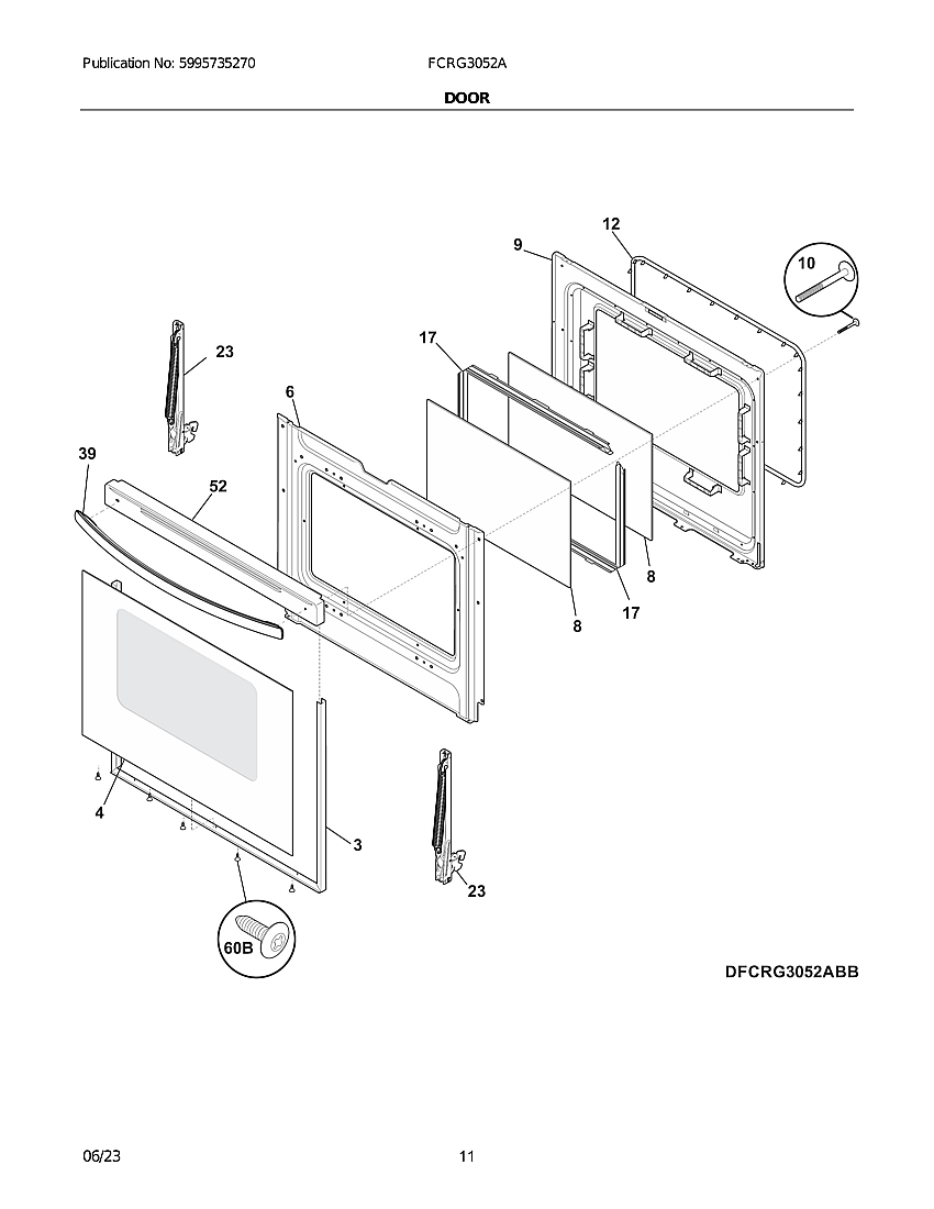 Door Diagram and Parts List for FCRG3052ABE  Electrolux Range