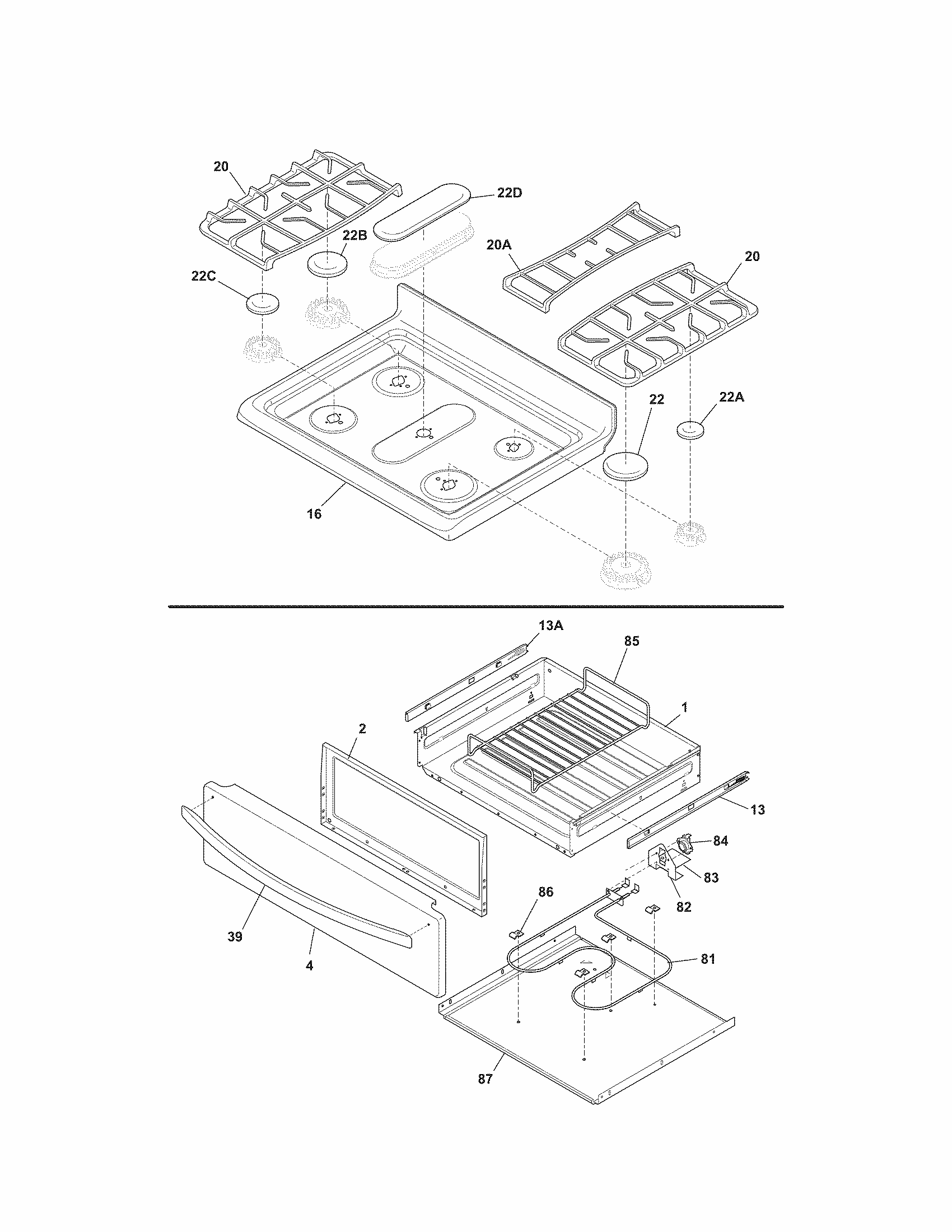 Top/drawer Diagram and Parts List for 79072333015  Kenmore Range