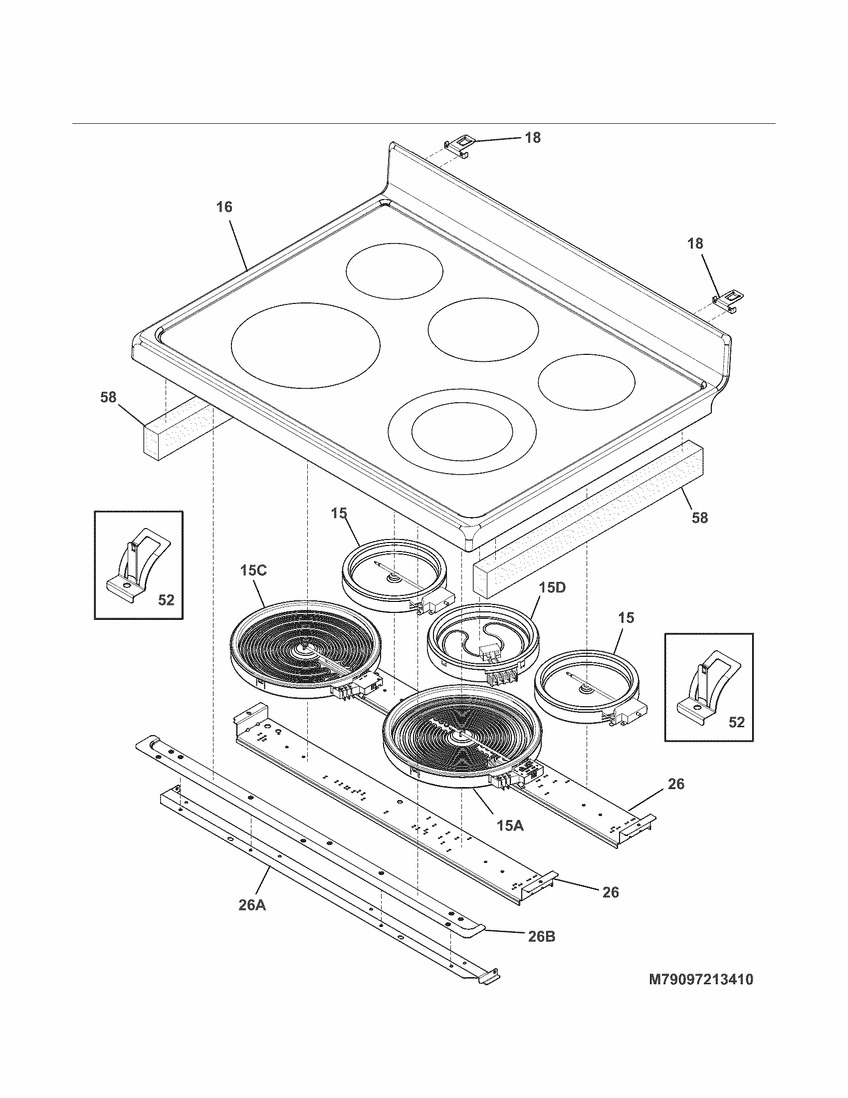 Main Top Diagram and Parts List for 79097213410  Kenmore Range
