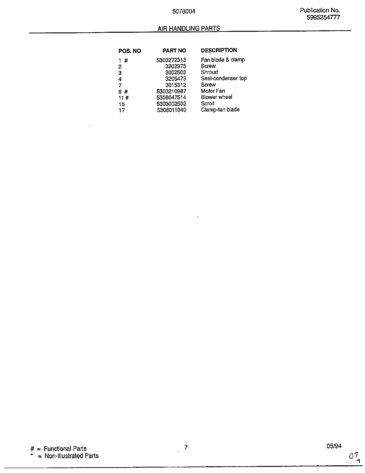 Air Handling Parts Page 2 Diagram and Parts List for 5078004B  Frigidaire Air Conditioner
